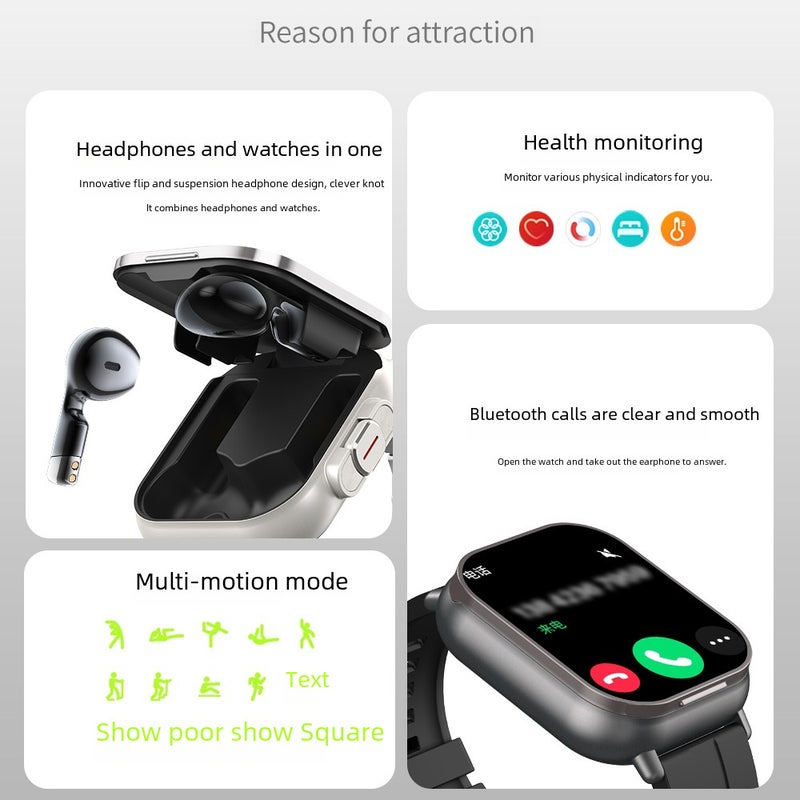 Cross-border hot selling D8 smart watch tws 2-in -1 Bluetooth headset 2-inch full screen touch call music sports Black Tape - Image 3