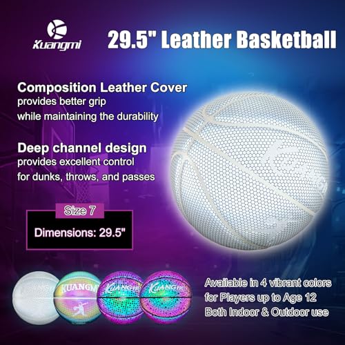 Kuangmi Reflective Glowing Basketball Holographic Luminous for Night Game Light Up Basket Ball Men's Official Size 7 29.5",White - Image 2