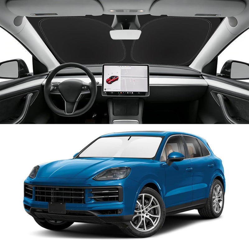 SLOGENTO for Porsche Cayenne 2019-2023 2024 2025 Sun Shade Sunshade Windshield Cover, Foldable Front Window Shade Protector Custom Fit Cayenne Sun Visor 240T Fabric Shade Blocks UV Rays Keep Car Cooler - Image 1