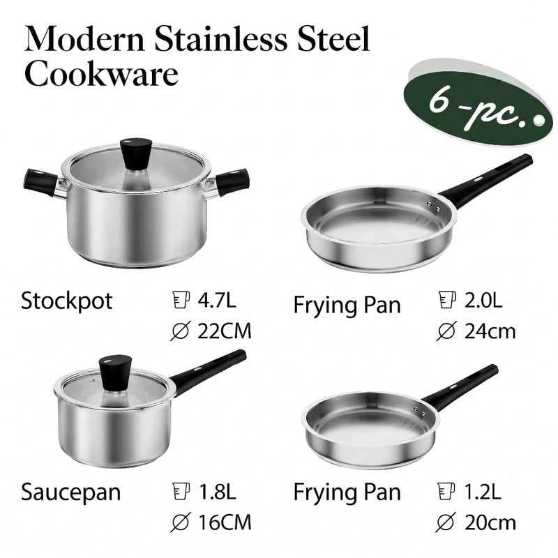 Meythway ð”ðð†ð‘ð€ðƒð„ Stainless Steel Pots and Pans Set Non Toxic, 6PCs Kitchen Cookware Sets with Stay-Cool Handles, Non-Stick, Dishwasher Safe&Compatible with All Stovetops(Gas,Electric&Induction) - Image 2
