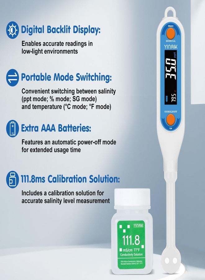 مقياس ملوحة YINMIK | مقياس ملوحة الطعام، جهاز اختبار ملوحة رقمي لأحواض السمك، جهاز اختبار ملوحة ودرجة حرارة المنزل مع 3 أوضاع للملوحة - جزء في الألف، نسبة مئوية، ثقل نوعي، قارئ كلوريد الصوديوم محمول لأحواض الشعاب المرجانية، حمامات السباحة المالحة - Image 5