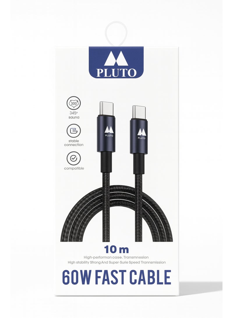 بلوتو كابل شحن PLUTO سريع 60 واط USB-C إلى USB-C – بطول 10 متر | اتصال ثابت | شحن عالي السرعة - Image 1