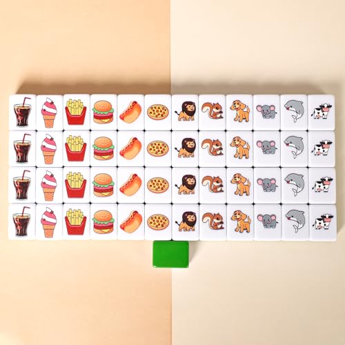 GRACIAS 2 Players Mahjong Block Set, Mahjong Tile Game with 50 Premium Green Tiles(30mm) Animal and Food Pattern, Portable Mahjongg Set with A Carry Bag - Image 3