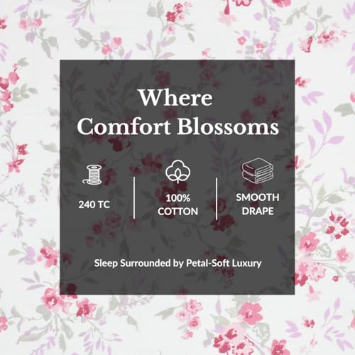 Plumora King Size Elastic Fitted Bedsheet, 100% Pure Cotton King Size Fitted Bedsheet for Double Bed with 2 Pillow Covers, 240 TC, 72×78 Inches up to 8-inch Mattress, Floral (Ruby Bloom) - Image 2