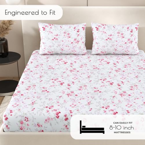 Plumora King Size Elastic Fitted Bedsheet, 100% Pure Cotton King Size Fitted Bedsheet for Double Bed with 2 Pillow Covers, 240 TC, 72×78 Inches up to 8-inch Mattress, Floral (Ruby Bloom) - Image 4
