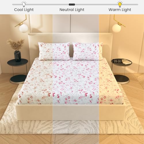 Plumora King Size Elastic Fitted Bedsheet, 100% Pure Cotton King Size Fitted Bedsheet for Double Bed with 2 Pillow Covers, 240 TC, 72×78 Inches up to 8-inch Mattress, Floral (Ruby Bloom) - Image 5