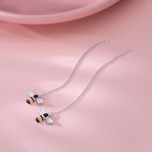 SLUYNZ 925 Sterling Silver Bumble Bee Dangle Earrings for Women Teen Girls Threader Earrings Chain (Silver) - Image 2