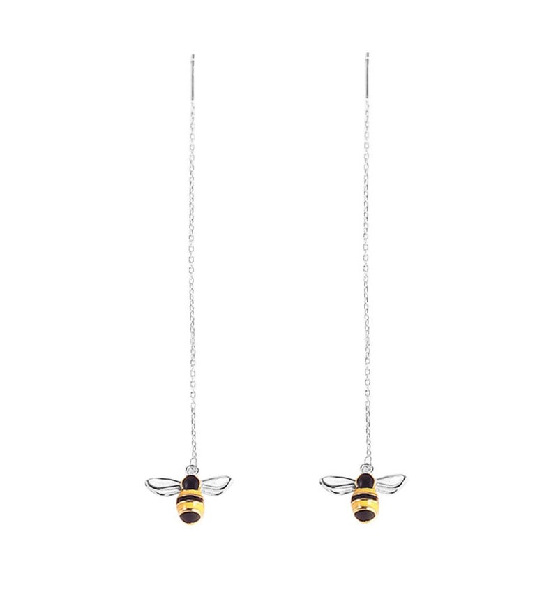 SLUYNZ 925 Sterling Silver Bumble Bee Dangle Earrings for Women Teen Girls Threader Earrings Chain (Silver) - Image 1