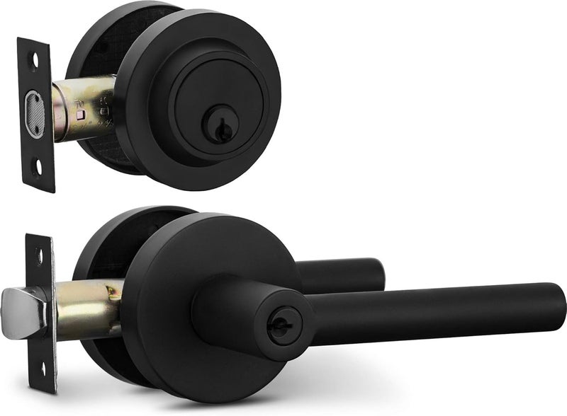 Berlin Modisch Entry Lever Door Handle and Single Cylinder Deadbolt Lock and Key Sleek Round Locking Lever Handle Set [Front Door or Office] Right & Left Sided Doors Heavy Duty – Iron Black Finish - Image 1