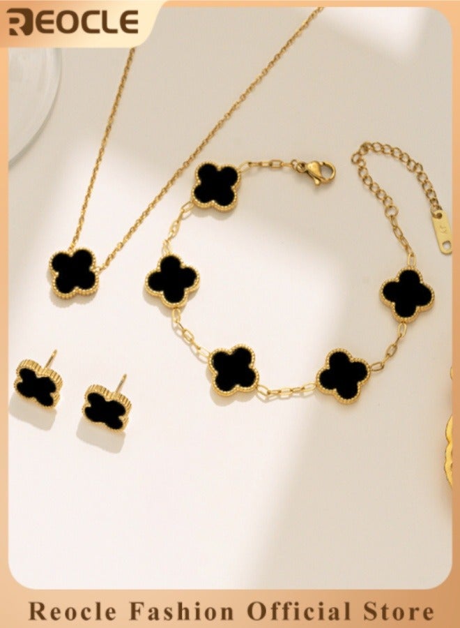 REOCLE Women's 3pcs Jewelry Set Four Leaf Clover Necklace Earring Bracelet Set 18K Gold Plated Double-sided Lucky Jewelry Set as Gift for Women & Ladies 