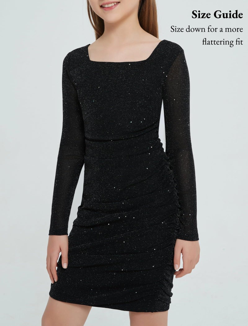 EXARUS Girls Long Sleeve Sparkly Sparkle Dress Black Teen Tween Bodycon Party Dance Special Occasion Homecoming Fitted Glitter Short Ruched Dresses Black 12 Years - Image 2