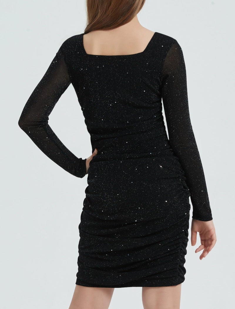 EXARUS Girls Long Sleeve Sparkly Sparkle Dress Black Teen Tween Bodycon Party Dance Special Occasion Homecoming Fitted Glitter Short Ruched Dresses Black 12 Years - Image 1