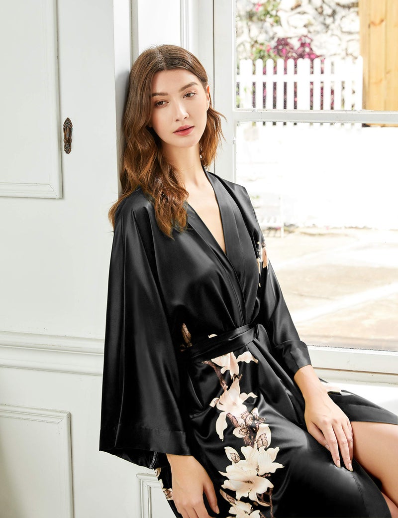 BABEYOND BABEYOND Kimono Robe Cover up with Box Long Floral Satin Sleepwear Silky Bathrobe Bachelorette Robe  - Image 3