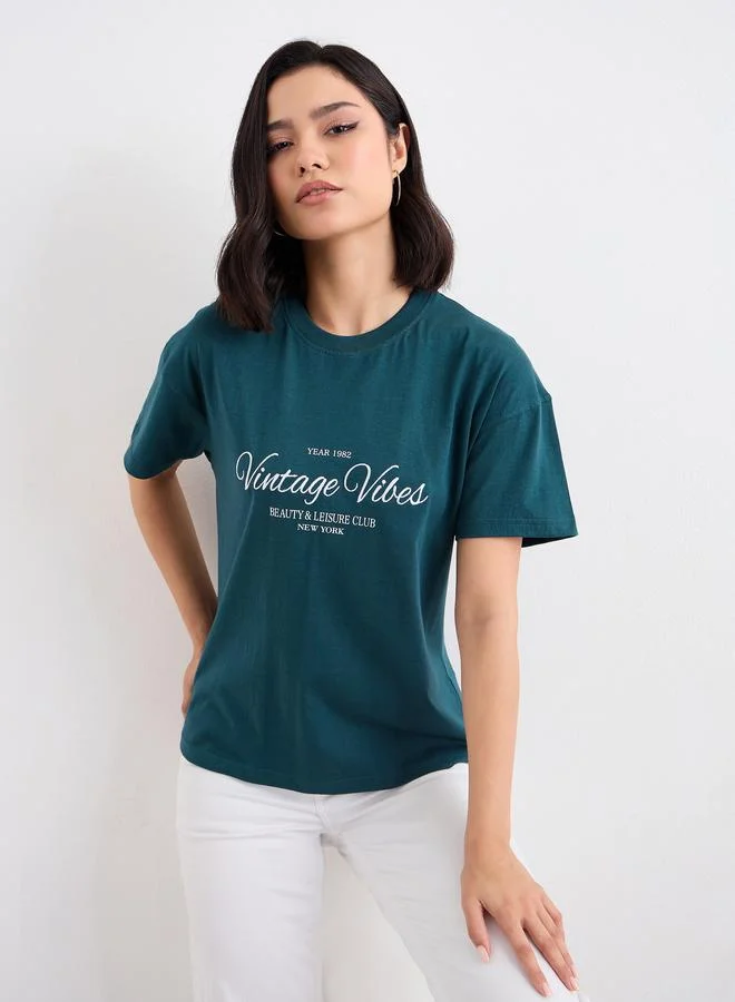 Styli Styli Embroidered Round Neck Boxy Fit T-Shirt