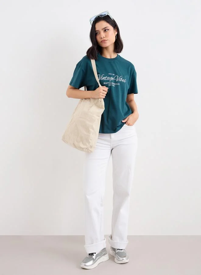 Styli Styli Embroidered Round Neck Boxy Fit T-Shirt