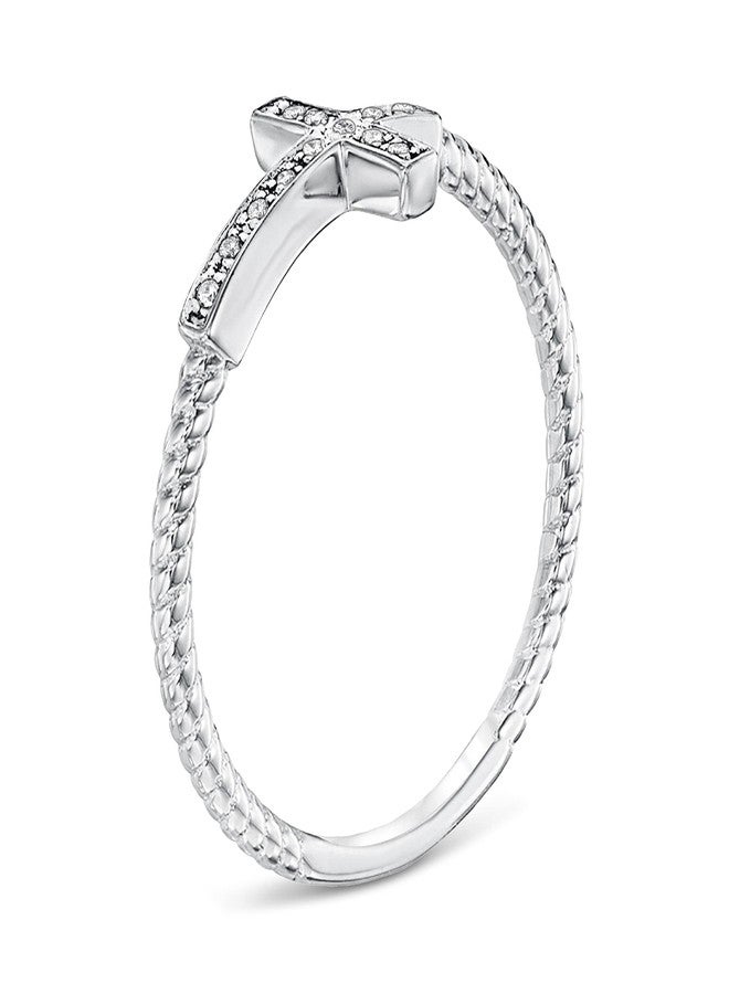 Savlano 18K White Gold Plated Round Cut Cubic Zirconia Sideways Cross Rope Band Ring Women Religious Ring (8) - Image 2