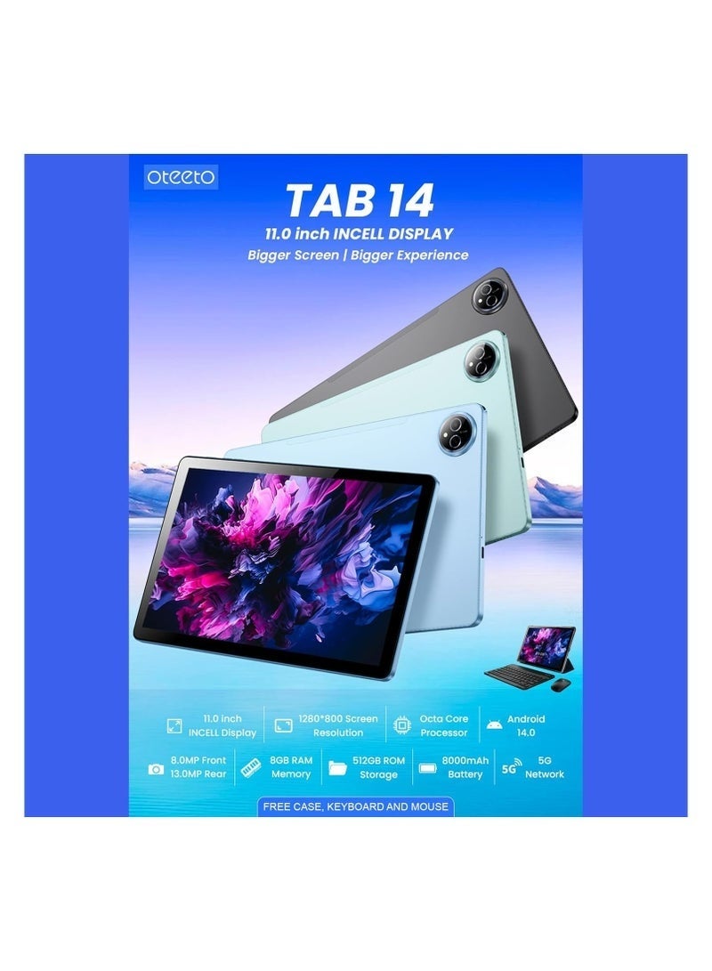 Oteeto TAB 14 11" Android 14 Tablet, Octa-Core 2.0GHz, 8GB RAM, 512GB ROM, 8000mAh Battery, 8MP Front & 13MP Rear Camera, 4G Dual SIM, 5G Wi-Fi, Keyboard & Flip Cover ‚Äì Blue - Image 3