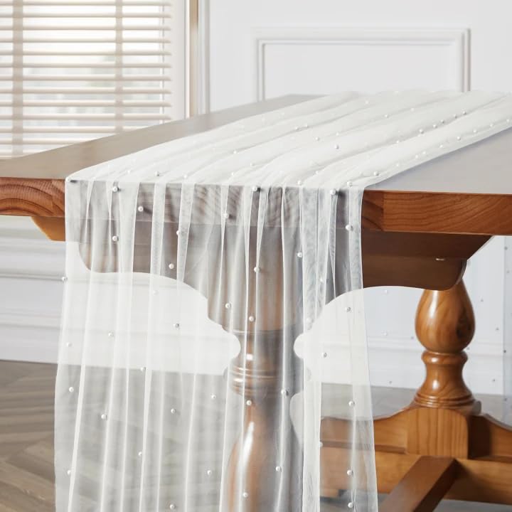 TREELY White Pearl Table Runner 10 Ft Tulle Fabric Lace Table Runner for Wedding Arch Veil Dessert Birthday Party Bridal Shower Decor 29.5x120 Inches - Image 1