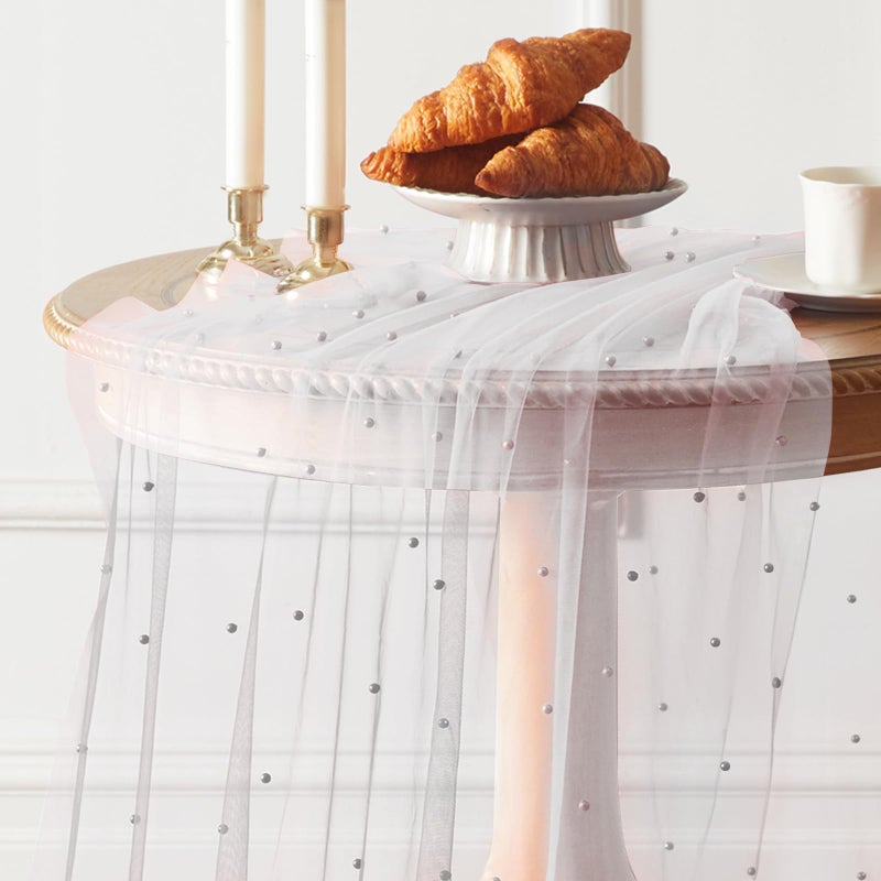 TREELY White Pearl Table Runner 10 Ft Tulle Fabric Lace Table Runner for Wedding Arch Veil Dessert Birthday Party Bridal Shower Decor 29.5x120 Inches - Image 2
