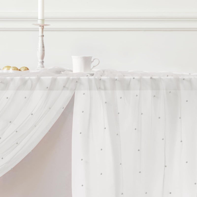TREELY White Pearl Table Runner 10 Ft Tulle Fabric Lace Table Runner for Wedding Arch Veil Dessert Birthday Party Bridal Shower Decor 29.5x120 Inches - Image 3