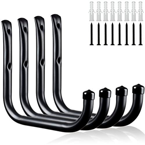 KURUI Wall Hooks for Garage Garden, 4 Pack Water Hose Holder, Large Garage Storage Hanger for Ladder Bike Extension Cord Tool, Wall Mount l Hooks, Black Heavy Duty 8 inch Long Hook - Image 1