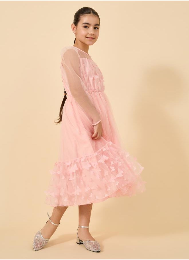 Styli Butterfly Appliques Mesh Insert Long Sleeve Dress  - Image 3