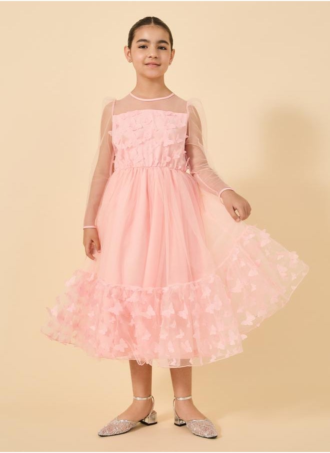 Styli Butterfly Appliques Mesh Insert Long Sleeve Dress  - Image 2