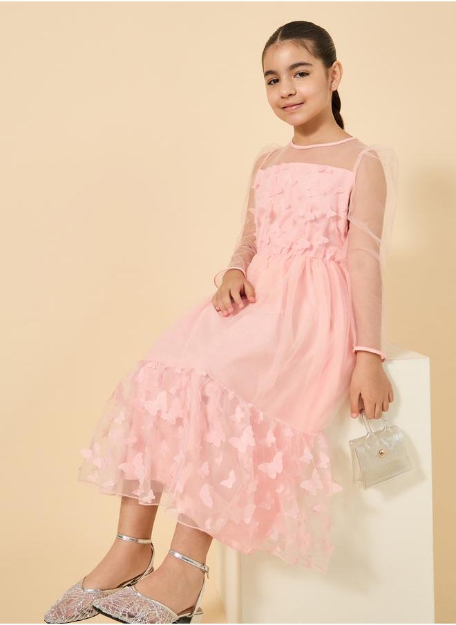 Styli Butterfly Appliques Mesh Insert Long Sleeve Dress  - Image 1