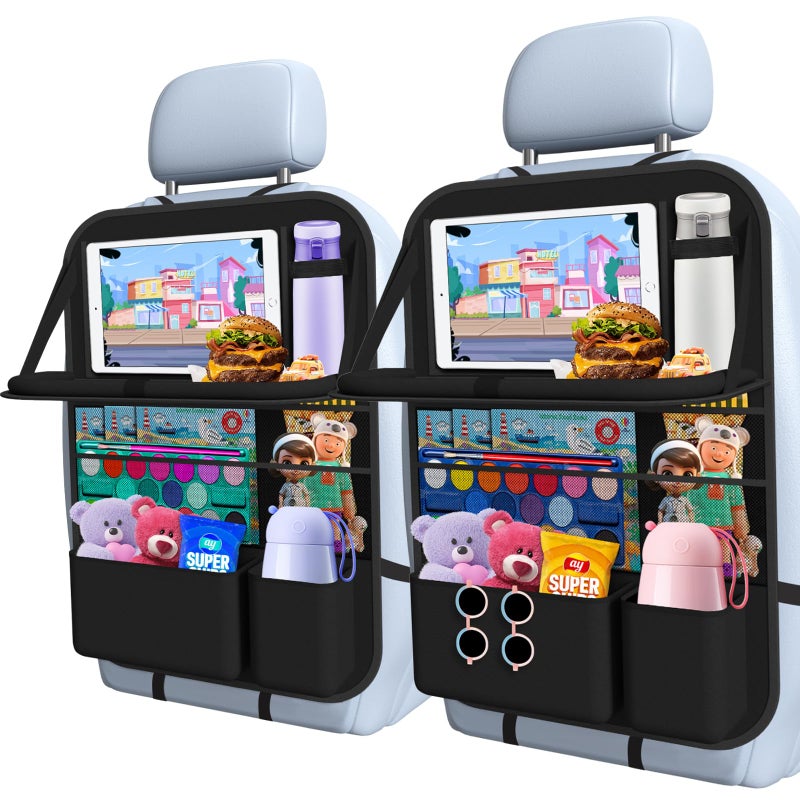 Oneyus Car Backseat Organizer with table Tray, 9 Storage Pockets Backseat Car Organizer with Tablet Holder, Back seat Organizer for Kids Road Trip Essentials Travel (1Pack) - Image 1