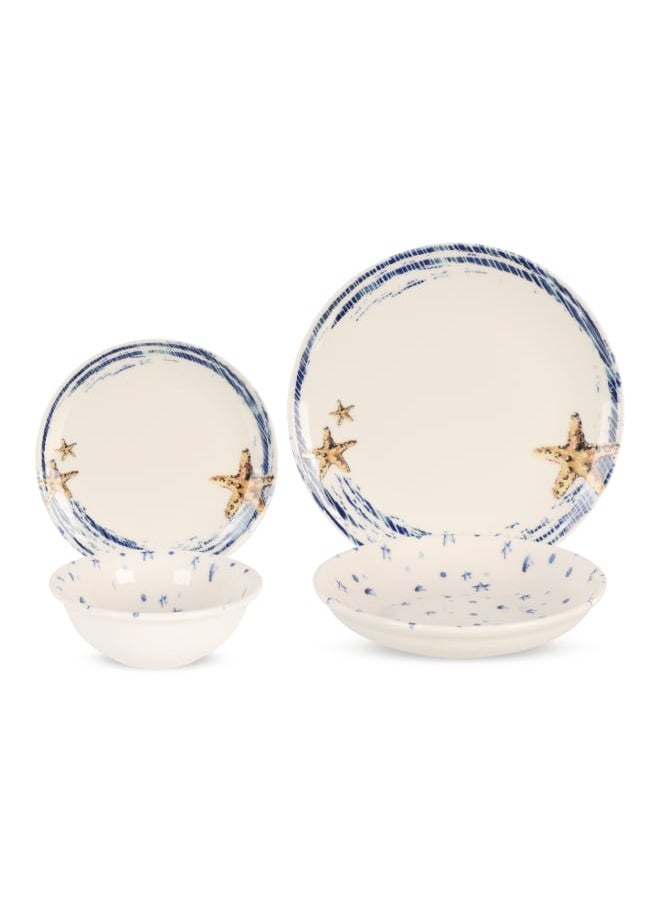Cooker Dinner Set,24 Pieces for 6 Persons, Fine Porcelain, Made in Turkey, with Starfish and Ocean Wave Patterns - Off white with Blue