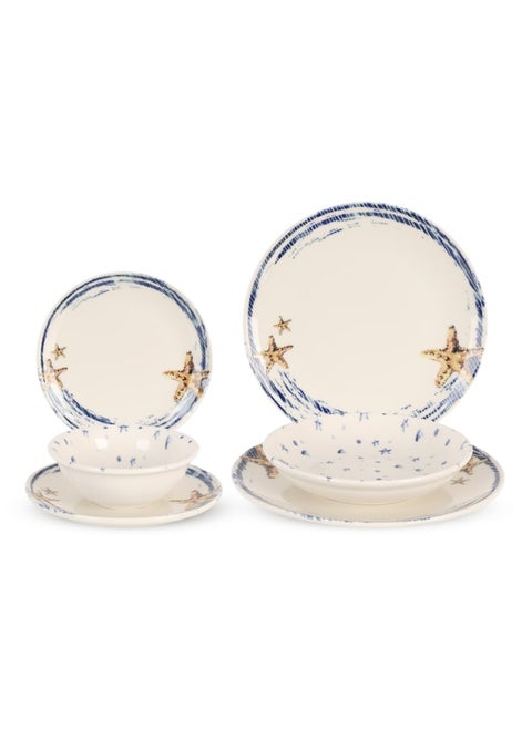 Cooker Dinner Set,24 Pieces for 6 Persons, Fine Porcelain, Made in Turkey, with Starfish and Ocean Wave Patterns - Off white with Blue