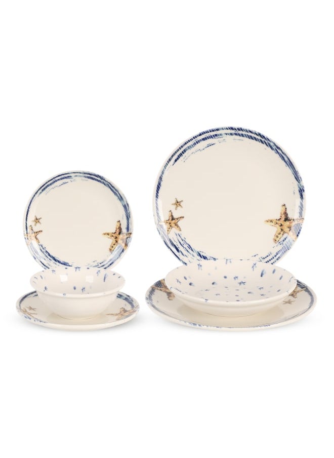 Cooker Dinner Set,24 Pieces for 6 Persons, Fine Porcelain, Made in Turkey, with Starfish and Ocean Wave Patterns - Off white with Blue