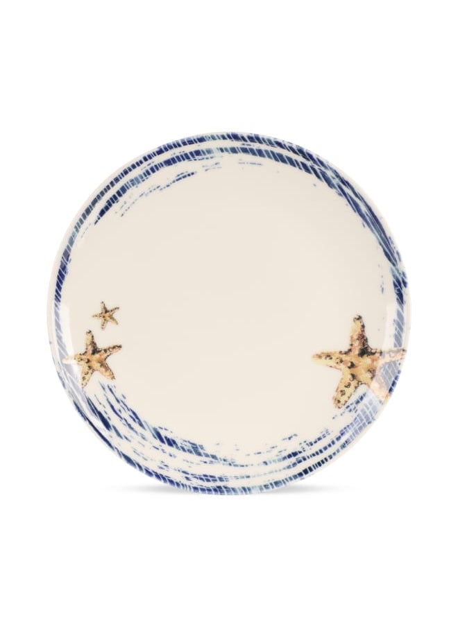 Cooker Dinner Set,24 Pieces for 6 Persons, Fine Porcelain, Made in Turkey, with Starfish and Ocean Wave Patterns - Off white with Blue