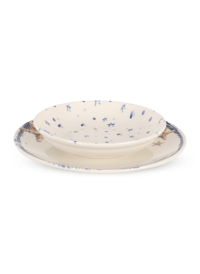Cooker Dinner Set,24 Pieces for 6 Persons, Fine Porcelain, Made in Turkey, with Starfish and Ocean Wave Patterns - Off white with Blue