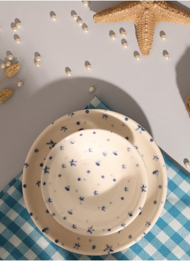 Cooker Dinner Set,24 Pieces for 6 Persons, Fine Porcelain, Made in Turkey, with Starfish and Ocean Wave Patterns - Off white with Blue