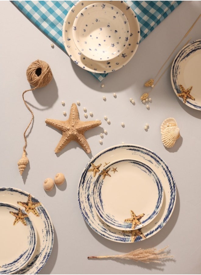 Cooker Dinner Set,24 Pieces for 6 Persons, Fine Porcelain, Made in Turkey, with Starfish and Ocean Wave Patterns - Off white with Blue