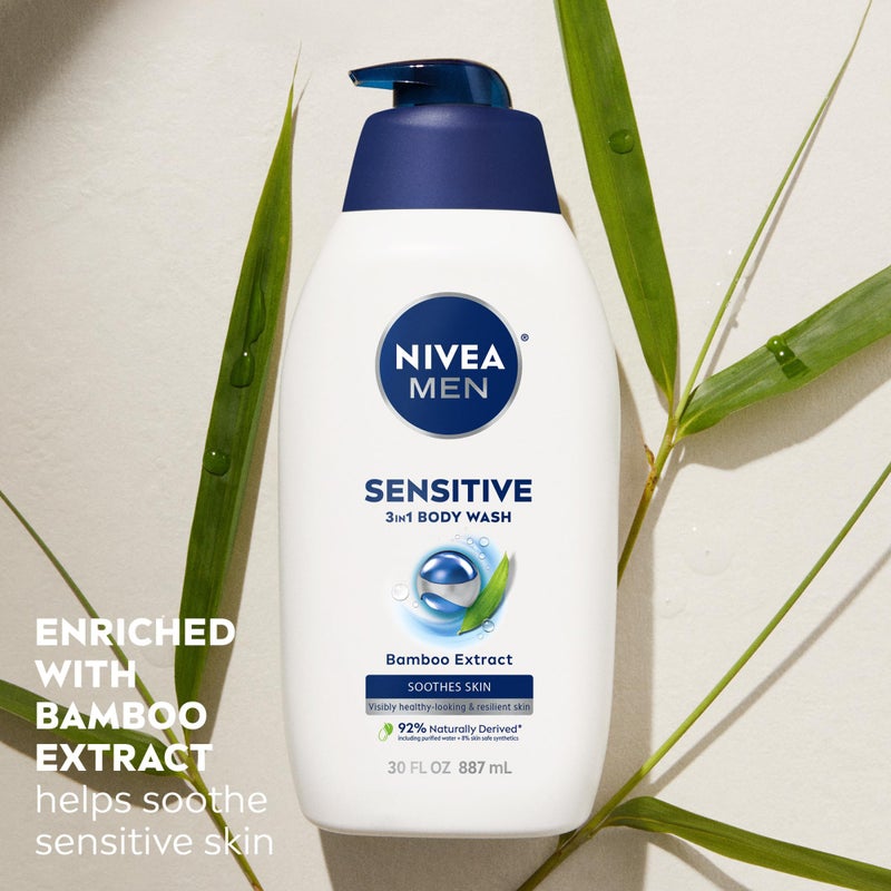 NIVEA MEN Sensitive Body Wash with Bamboo Extract, Moisturizing Body Wash for Sensitive Skin, Soap Free Shower Gel for Men with No Drying Alcohol, 30 Fl Oz Bottle - Image 4