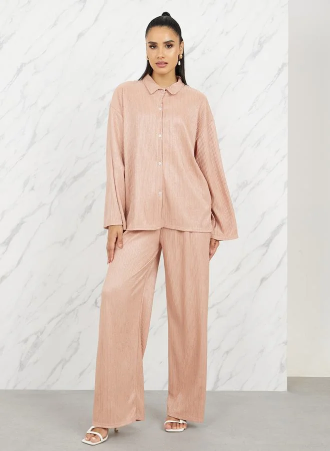 Styli Textured Knit Drop Shoulder Shirt and Wide Leg Pant Set