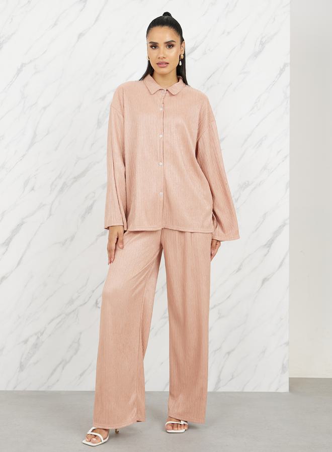 Styli Textured Knit Drop Shoulder Shirt and Wide Leg Pant Set - Image 1