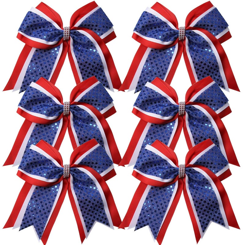 Cheerleader Bows 8 Inch 3 Layers 6 Pcs Ponytail Holder Jumbo Cheerleading Bows Hair Elastic Hair Tie for High School College RedWhiteRoyal Blue