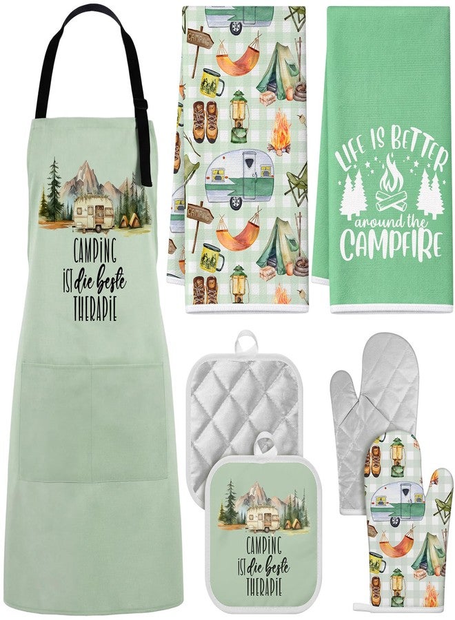 Singhoow 7 Pcs Camping Kitchen Gift for Women 1 Apron 2 Dish Tea Towels 2 Oven Mitts 2 Pot Holders Bonfire Tent Camping Accessories Camper Must Have Kitchen Decor for Rv Camper Cook Baking Fathers Day - Image 1
