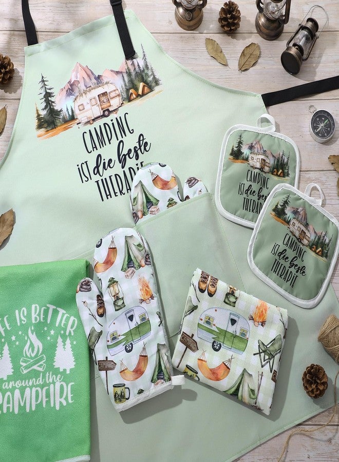 Singhoow 7 Pcs Camping Kitchen Gift for Women 1 Apron 2 Dish Tea Towels 2 Oven Mitts 2 Pot Holders Bonfire Tent Camping Accessories Camper Must Have Kitchen Decor for Rv Camper Cook Baking Fathers Day - Image 5