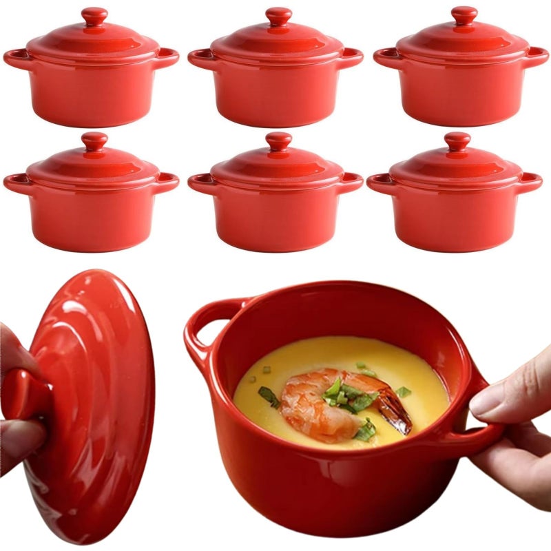 RHBLME 6 Pack French Onion Soup Bowls, 7 Oz Ramekins Oven Safe Mini Cocotte, Red Ramekins with Lids Oven Safe Soup Bowls for Creme Brulee, Pot Pie, Lava Cakes, Pumpkin Soup - Image 1