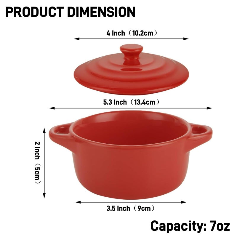 RHBLME 6 Pack French Onion Soup Bowls, 7 Oz Ramekins Oven Safe Mini Cocotte, Red Ramekins with Lids Oven Safe Soup Bowls for Creme Brulee, Pot Pie, Lava Cakes, Pumpkin Soup - Image 2