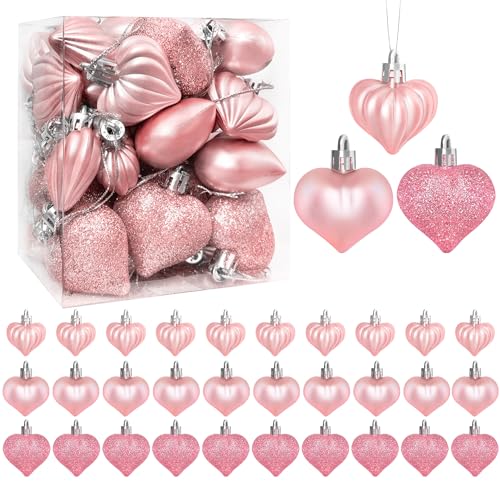 Yoblink 30PCS Heart Ornaments,Valentine's Day Pink Heart Ornaments for Valentines Day,Christmas Tree,Valentines Day Decorations - Image 1