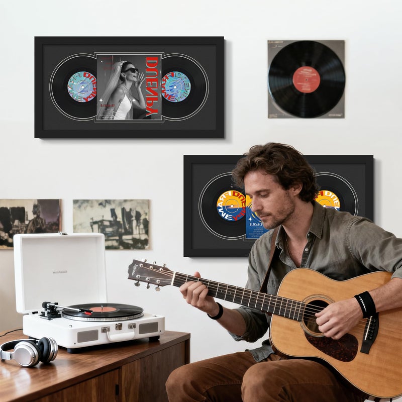 DUENPY Vinyl Record Display Frame 15.6x31.5 Inches Display Record Album and 12.5x12.5 Album Cover Art Wall Mount Double Black Mat - Image 2