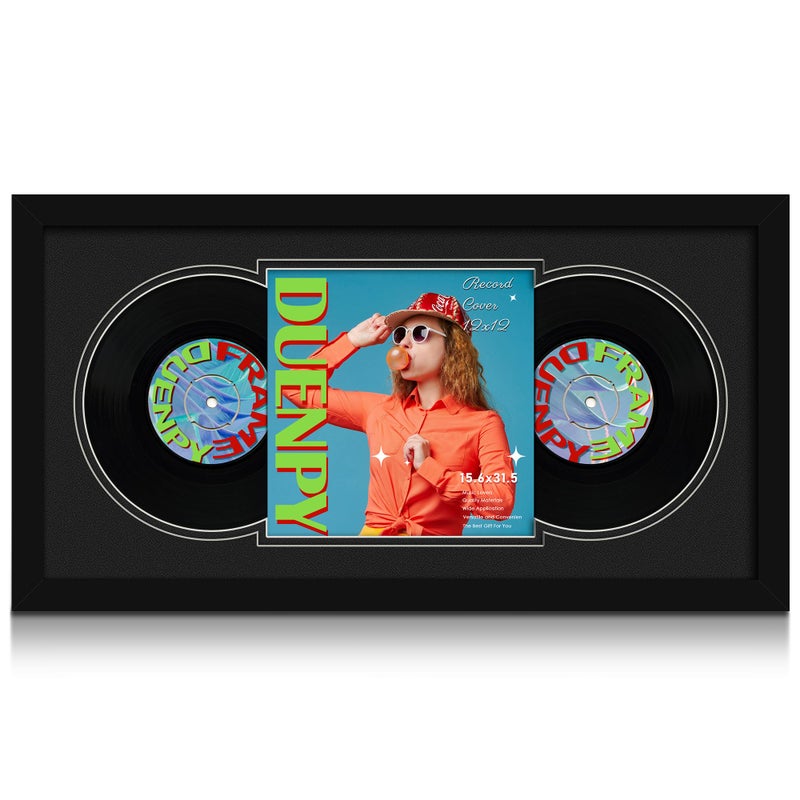 DUENPY Vinyl Record Display Frame 15.6x31.5 Inches Display Record Album and 12.5x12.5 Album Cover Art Wall Mount Double Black Mat - Image 1