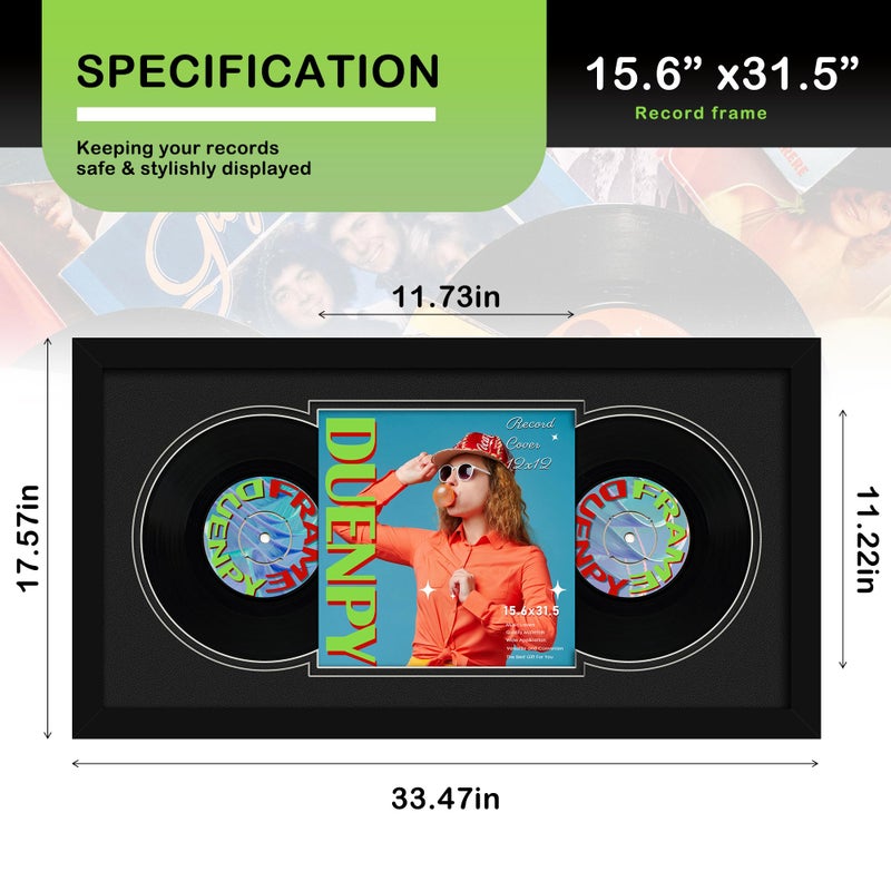 DUENPY Vinyl Record Display Frame 15.6x31.5 Inches Display Record Album and 12.5x12.5 Album Cover Art Wall Mount Double Black Mat - Image 3