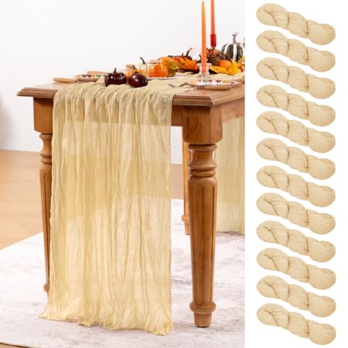DeZerlor Champagne Gold Cheesecloth Table Runner 12 Pack Fall Table Runners Boho Gauze 120 Inches Champagne Cheese Cloth Fall Table Decorations for Thanksgiving Wedding Bridal Baby Shower Parties - Image 1