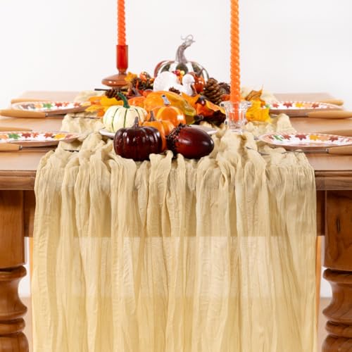 DeZerlor Champagne Gold Cheesecloth Table Runner 12 Pack Fall Table Runners Boho Gauze 120 Inches Champagne Cheese Cloth Fall Table Decorations for Thanksgiving Wedding Bridal Baby Shower Parties - Image 2
